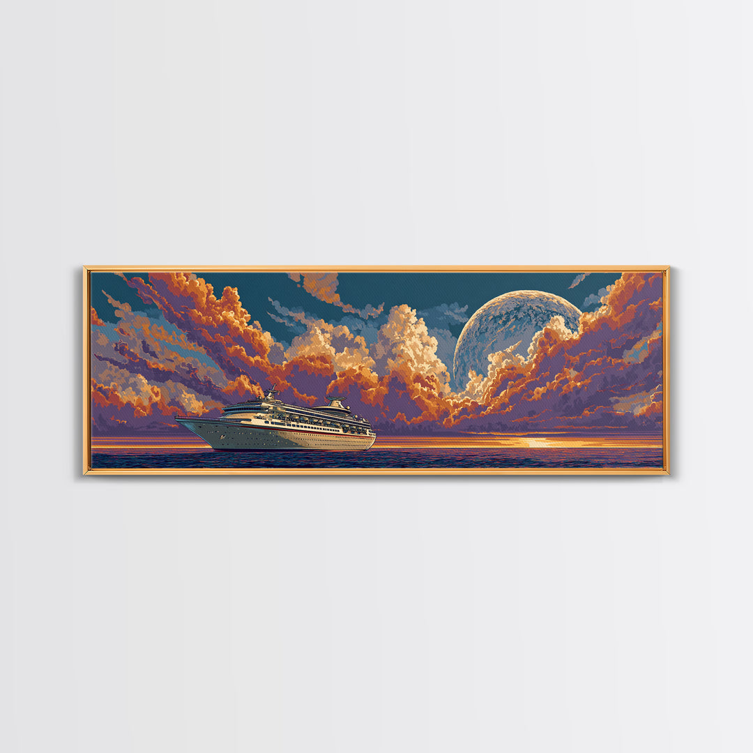 Moonlit Cruise Ship At Orange Ocean Sunset Wall Art, Retro Futuristic Travel Poster, Midcentury Modern Decor Canvas Print