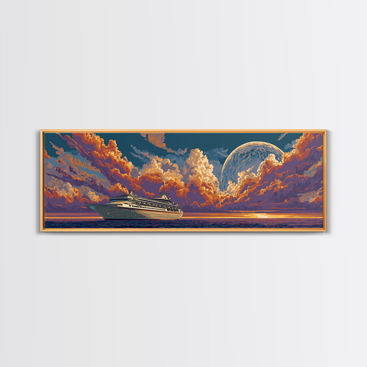 Moonlit Cruise Ship At Orange Ocean Sunset Wall Art, Retro Futuristic Travel Poster, Midcentury Modern Decor Canvas Print