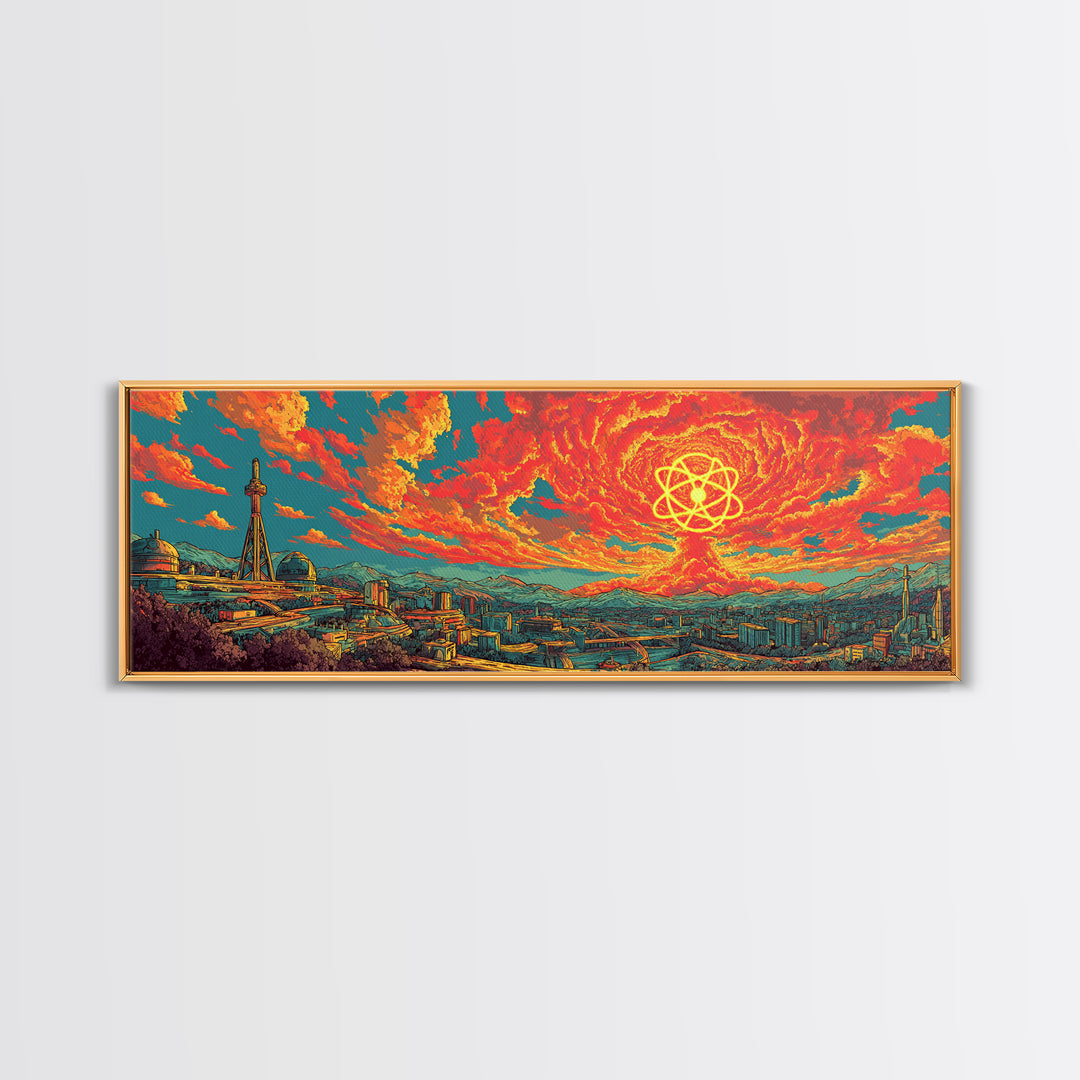 Fiery Atomic Sun Over Retro City Skyline Wall Art, Midcentury Modern Art Print, Bright Abstract Decor, Sci Fi Poster, Home Decor