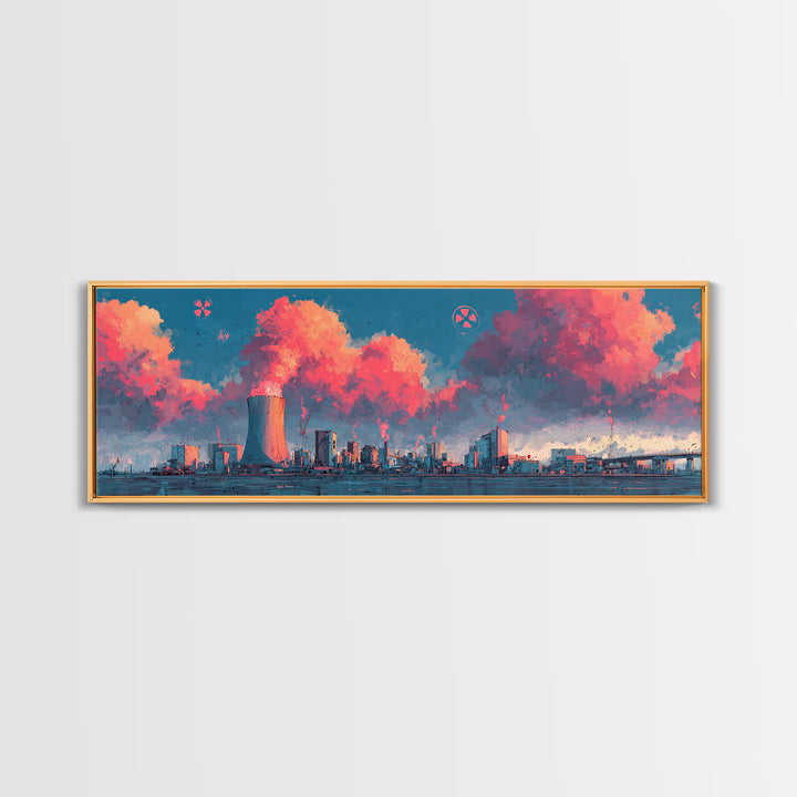 Pink Vapor Clouds Above Nuclear Plant Wall Art, Industrial Skyline Canvas Print, Retro Futuristic Modern Home Decor, Office Decor