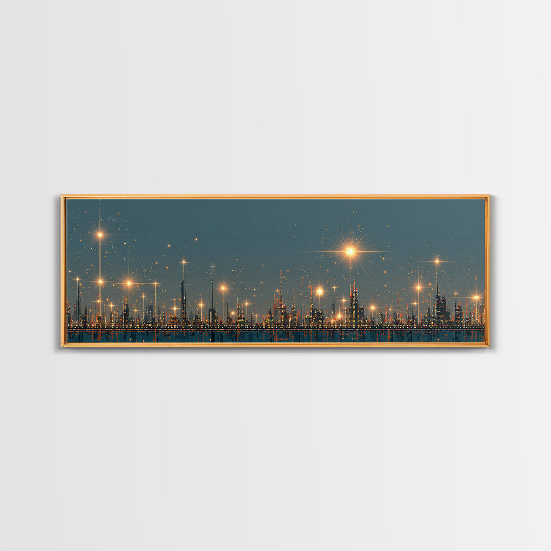 Golden Starbursts Over Night City Skyline Wall Art, Modern Abstract Art Print, Futuristic Urban Decor, Large Canvas Print