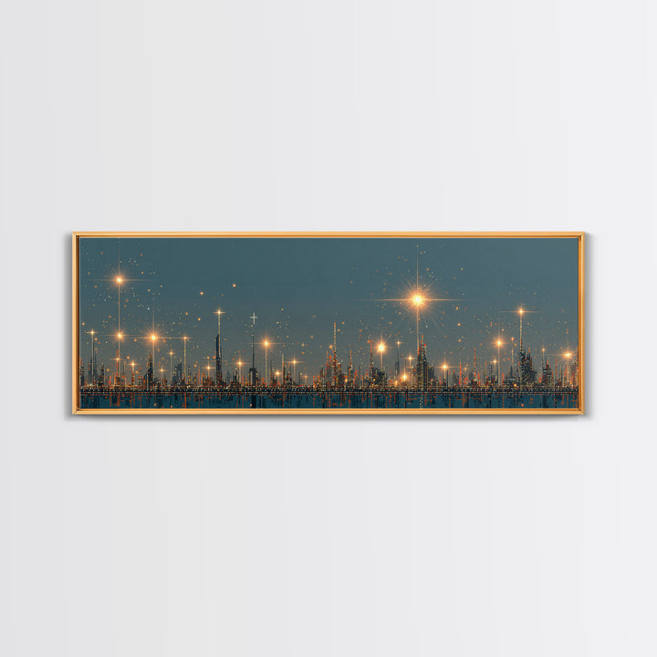 Golden Starbursts Over Night City Skyline Wall Art, Modern Abstract Art Print, Futuristic Urban Decor, Large Canvas Print