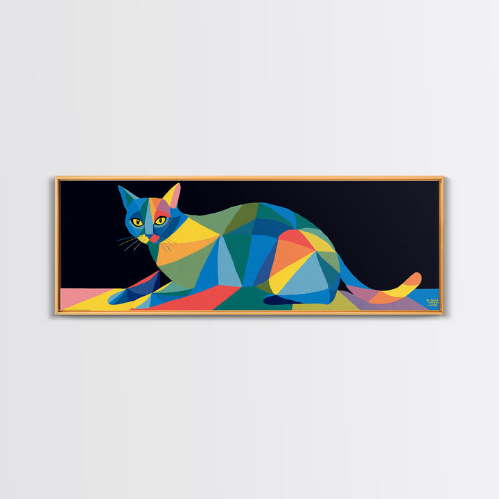 Colorful Low Poly Cat Reclining On Rainbow Shapes, Wall Art, Modern Geometric Art Print, Cat Lovers Gift, Funky Decor Poster
