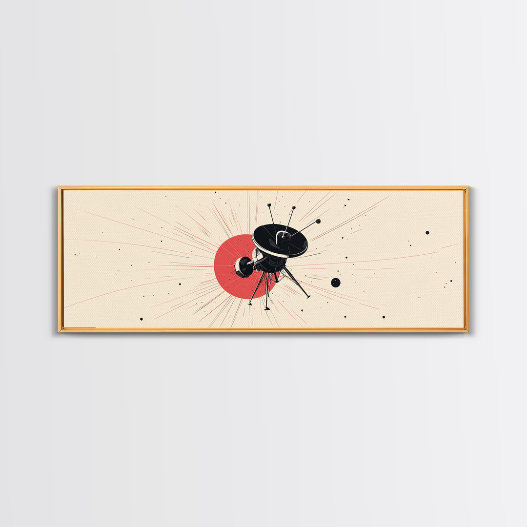 Minimal Black Space Probe Wall Art, Red Sunburst Abstract Satellite Print, Modern Sci Fi Poster, Retro Home Office Decor