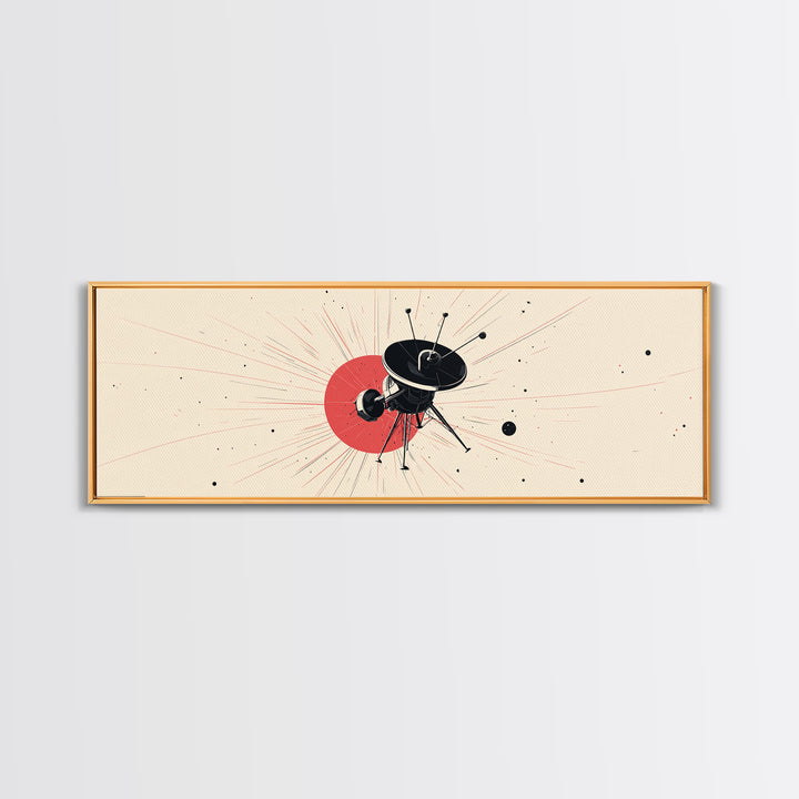 Minimal Black Space Probe Wall Art, Red Sunburst Abstract Satellite Print, Modern Sci Fi Poster, Retro Home Office Decor