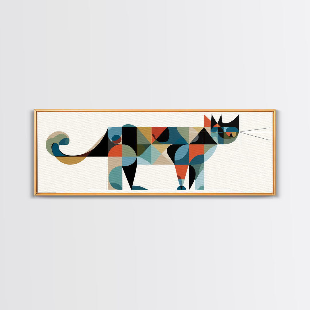 Abstract Mid Century Cat With Geometric Shapes, Canvas Print, Modern Wall Art, Bauhaus Poster, Minimalist Home Decor Print