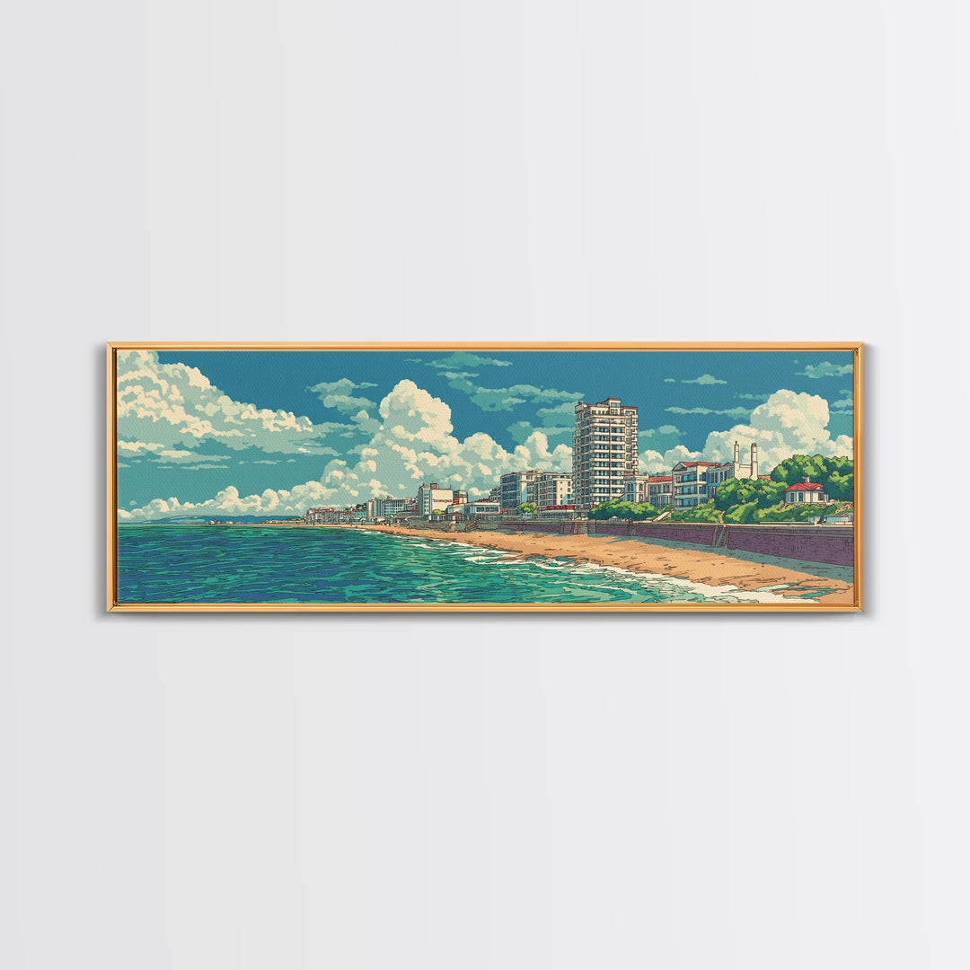 Sunny Coastal City Beach And Turquoise Sea Wall Art, Retro Travel Poster, Midcentury Modern Decor, Ocean Living Room Print