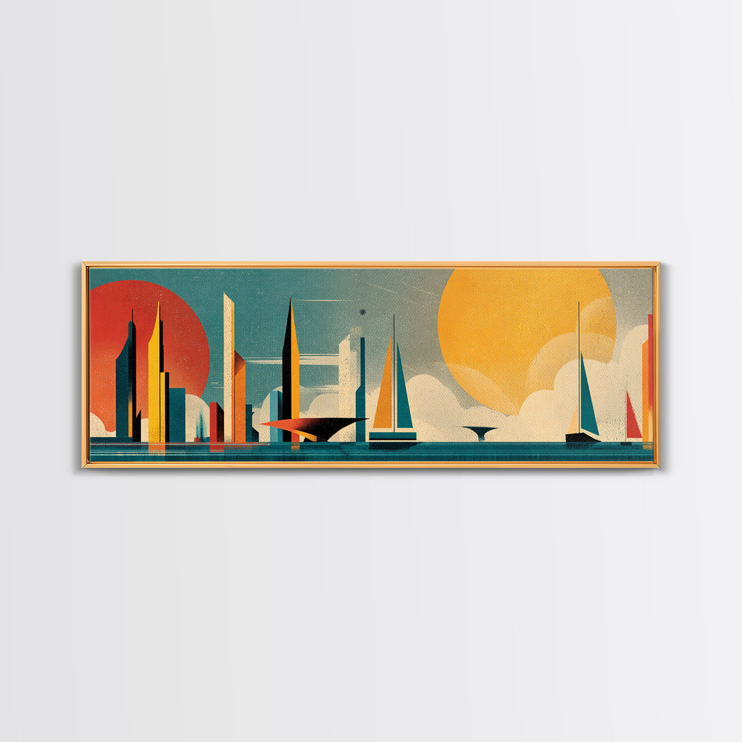 Futuristic Sailboat Skyline With Red And Yellow Suns Wall Art, Midcentury Modern Abstract Poster, Geometric Coastal Decor