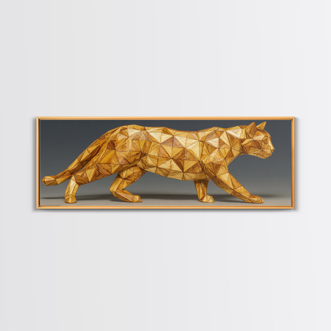 Golden Low Poly Panther Sculpture In Faceted Geometry, Framed Canvas Print, Modern Wall Art, Geometric Animal Decor Statement Poster