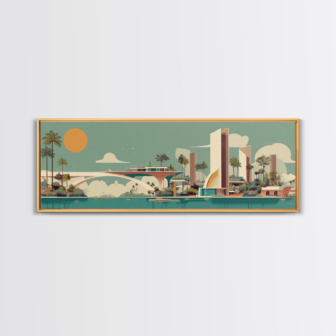 Retro Futurist Palm Springs Marina Wall Art, Mid Century Modern Canvas Print, Atomic Resort Decor, Orange Sun Large Poster