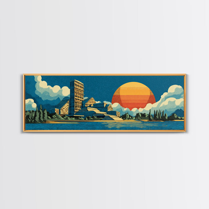 Mountain Lake Modernist Resort Wall Art, Midcentury Modern Canvas Print, Scenic Sunset Landscape, Large Retro Home Decor
