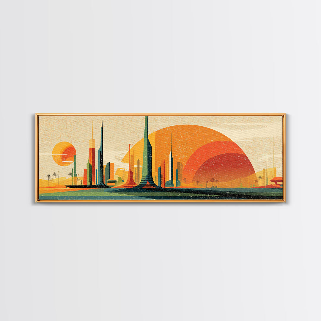 Futuristic Desert Skyline Canvas Print, Mid Century Modern Wall Art, Orange Sun Abstract Cityscape, Retro Sci Fi Poster Decor