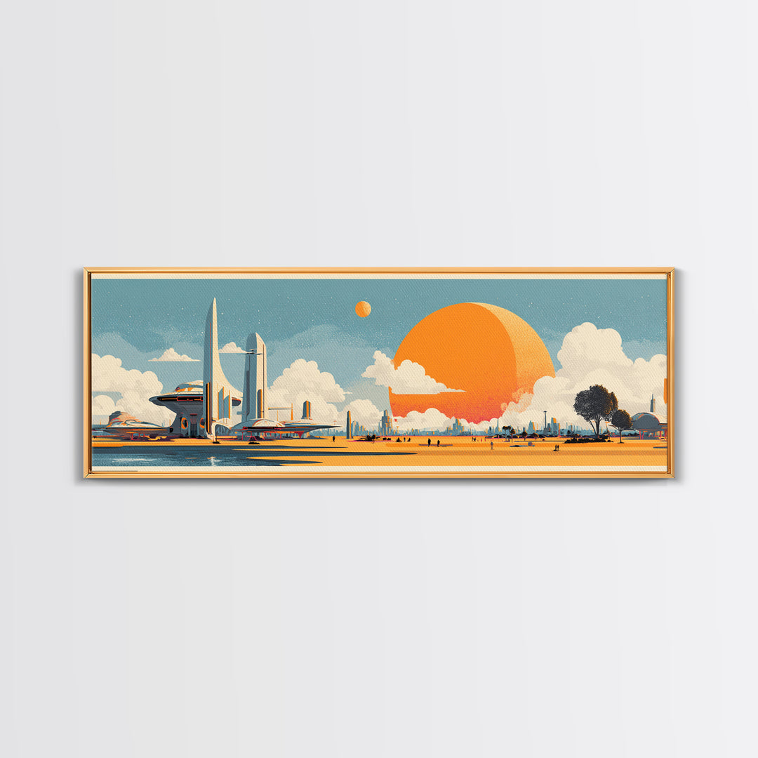 Retro Futuristic Expo Skyline Wall Art, Midcentury Modern Canvas Print, Orange Sun Space Age Architecture Large Poster Decor