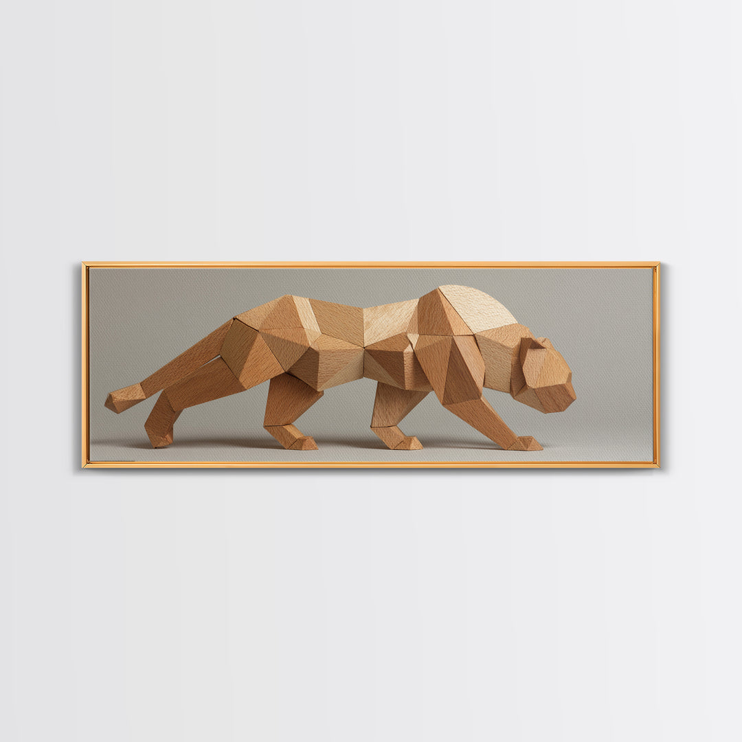 Neutral Low Poly Big Cat Sculpture With Faceted Forms, Canvas Print, Modern Geometric Wall Art, Minimalist Animal Decor Poster