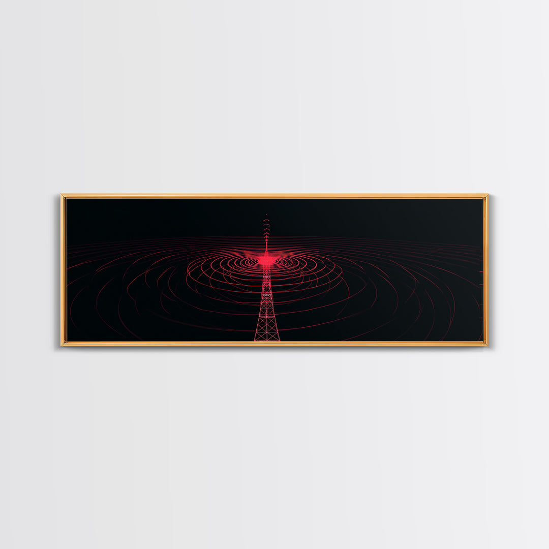 Red Radio Tower With Concentric Signal Rings Wall Art, Futuristic Retro Abstract Print, Modern Wall Decor, Large Sci Fi Retro Art
