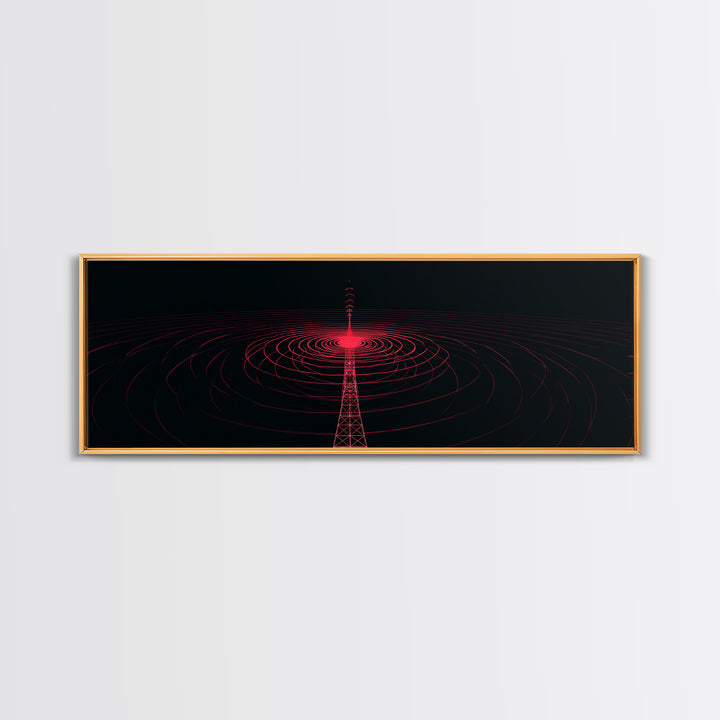 Red Radio Tower With Concentric Signal Rings Wall Art, Futuristic Retro Abstract Print, Modern Wall Decor, Large Sci Fi Retro Art