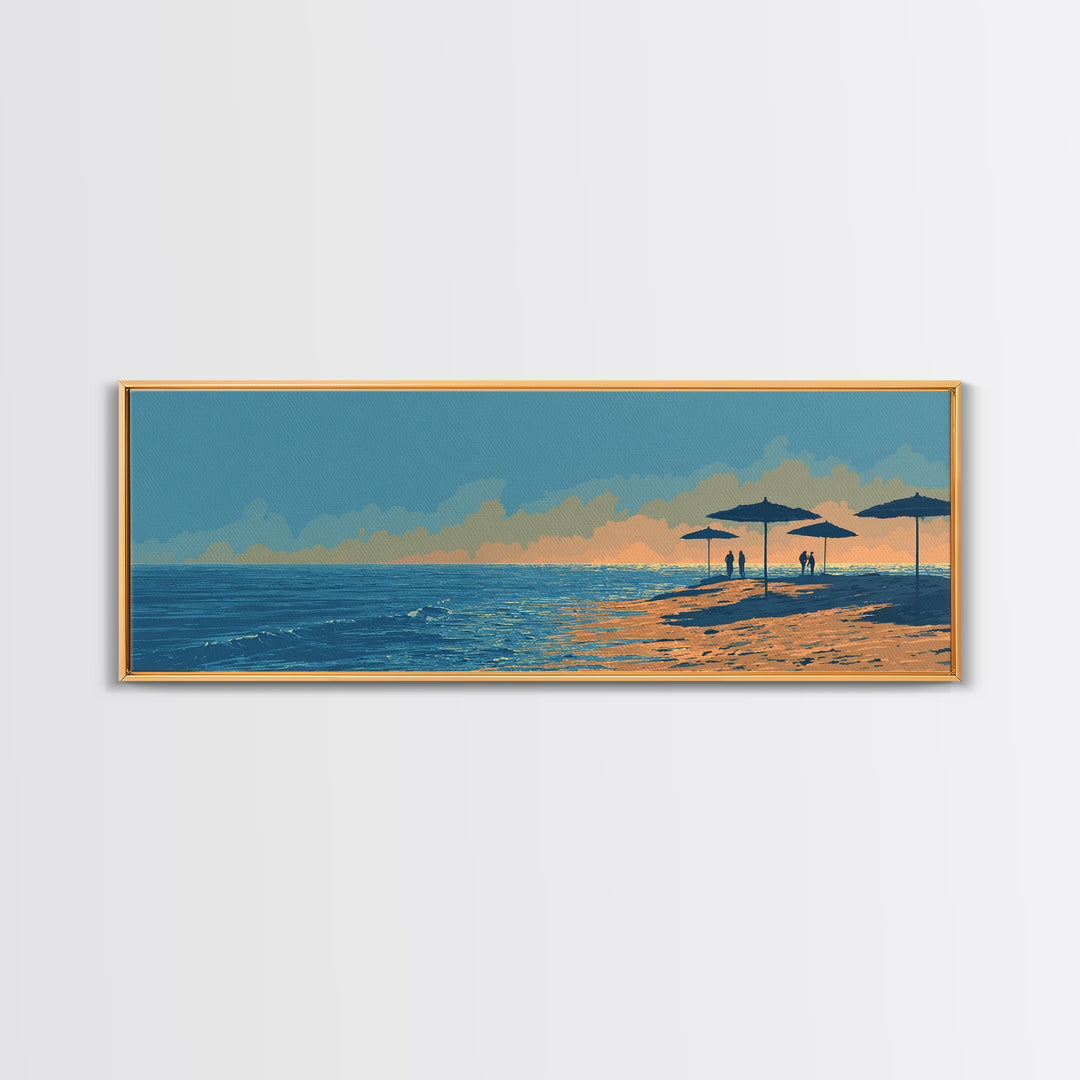 Orange Sunset Beach Umbrellas Framed Canvas Print, Coastal Wall Art, Modern Wall Decor, Tropical Landscape, Beach House Decor