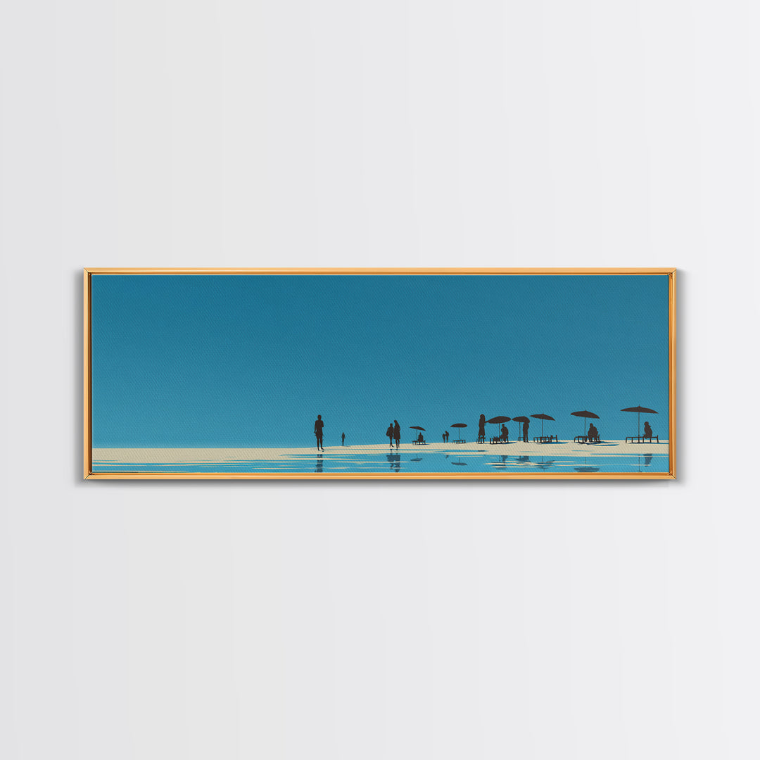 Minimal Blue Beach Horizon With Tiny Figures Wall Art, Coastal Landscape Print, Modern Wall Decor, Scandinavian Print, Large Prints
