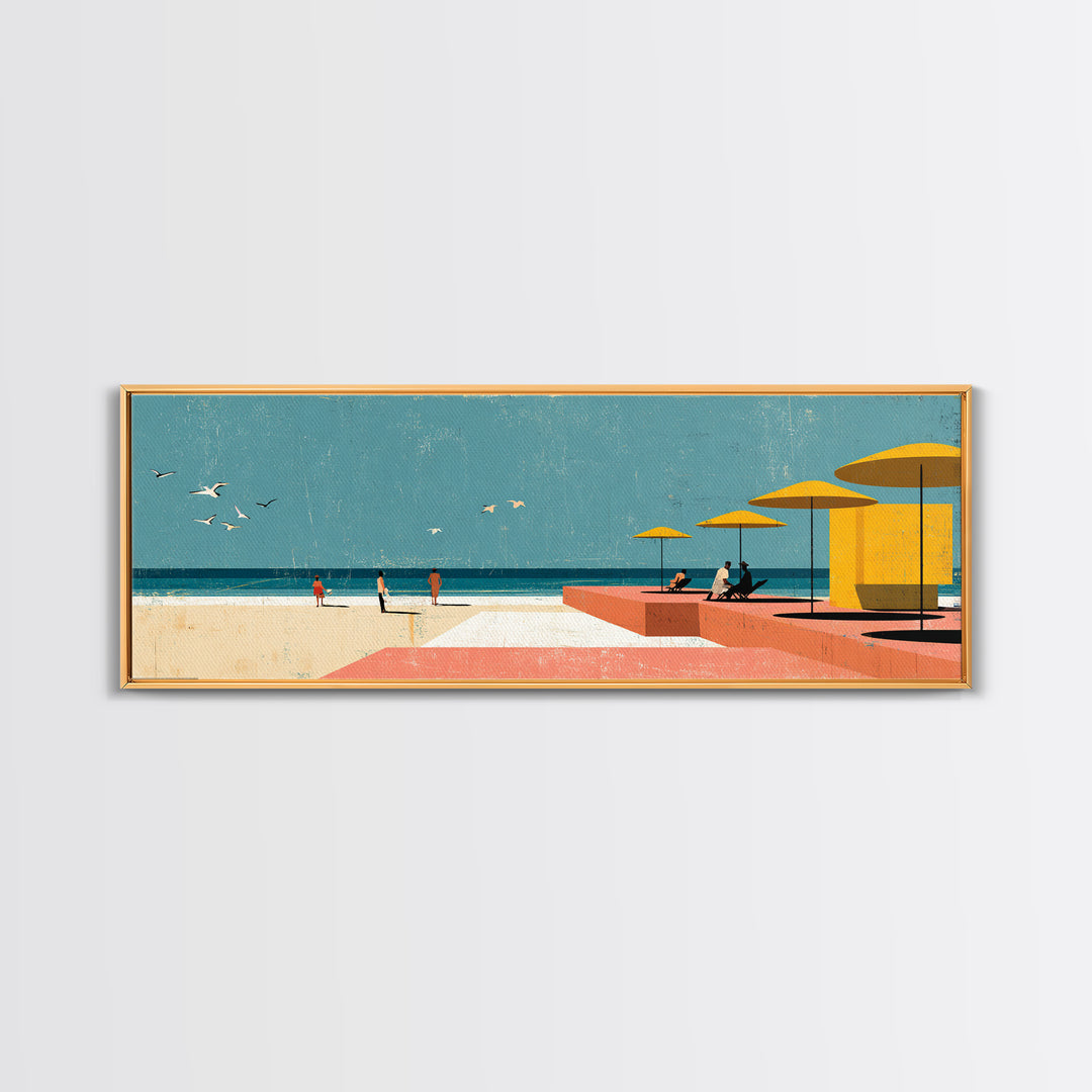 Yellow Umbrellas On Pink Seaside Terrace Canvas Print, Coastal Wall Art, Modern Wall Decor, Retro Travel Poster, Colorful Art
