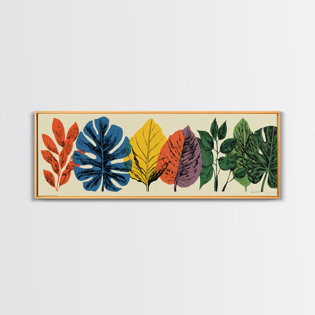 Colorful Tropical Leaf Row Framed Canvas Print, Midcentury Modern Botanical Wall Art, Retro Home Decor, Bold Nature Poster