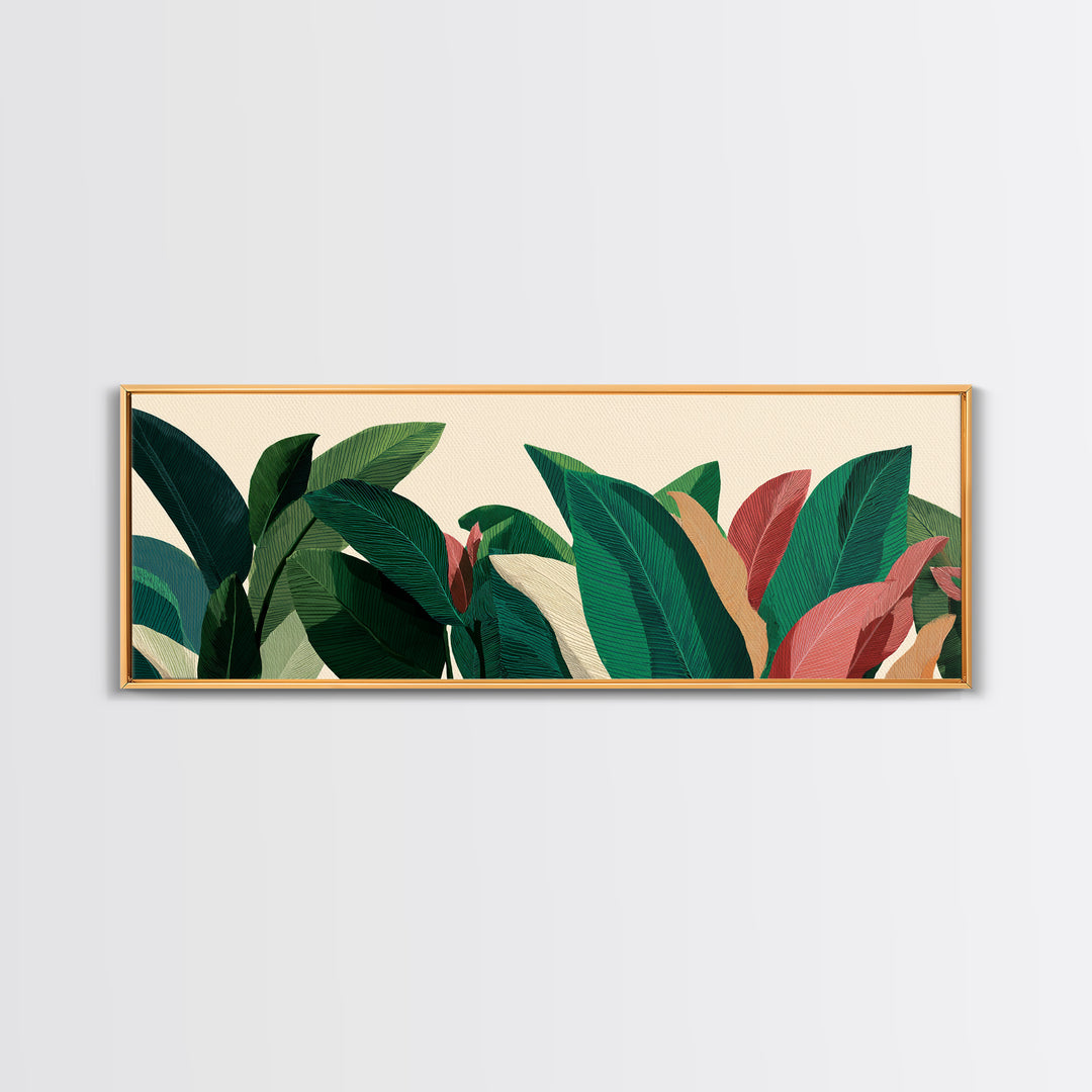 Deep Green Tropical Foliage With Coral Leaves Canvas Print, Botanical Wall Art, Midcentury Modern Decor, Boho Home Poster