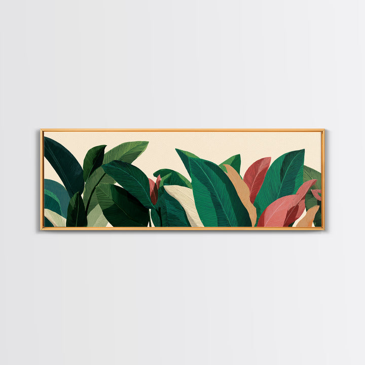 Deep Green Tropical Foliage With Coral Leaves Canvas Print, Botanical Wall Art, Midcentury Modern Decor, Boho Home Poster