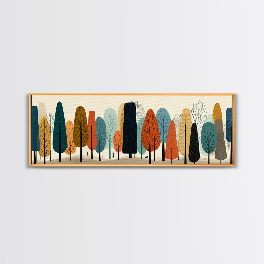 Stylized Autumn Trees In Earth Tones Canvas Print, Midcentury Modern Landscape Wall Art, Retro Forest Decor, Nordic Poster