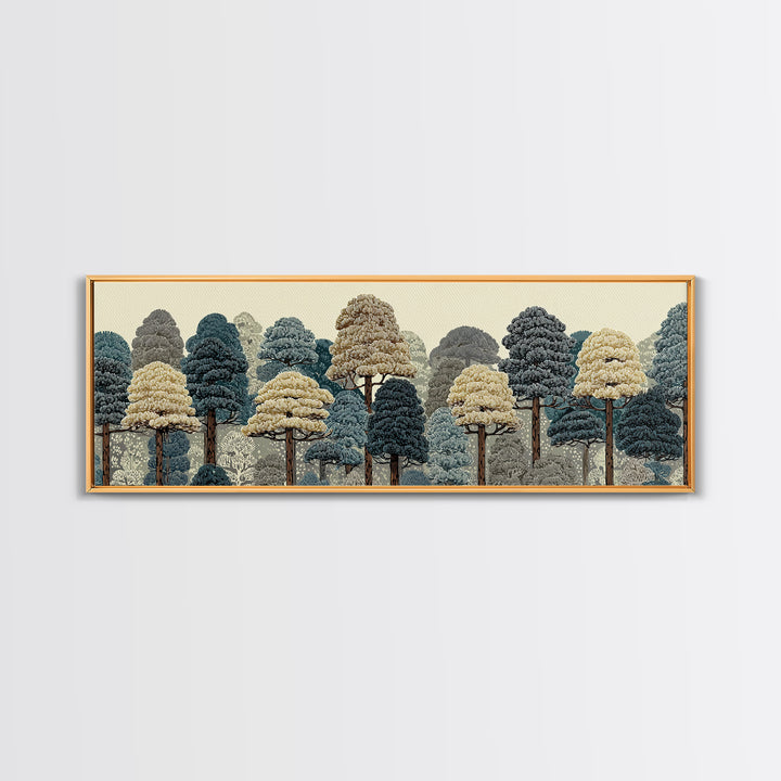 Layered Woodland Trees In Blue And Cream Wall Art, Scenic Nature Print, Midcentury Modern Decor, Large Rustic Forest Poster
