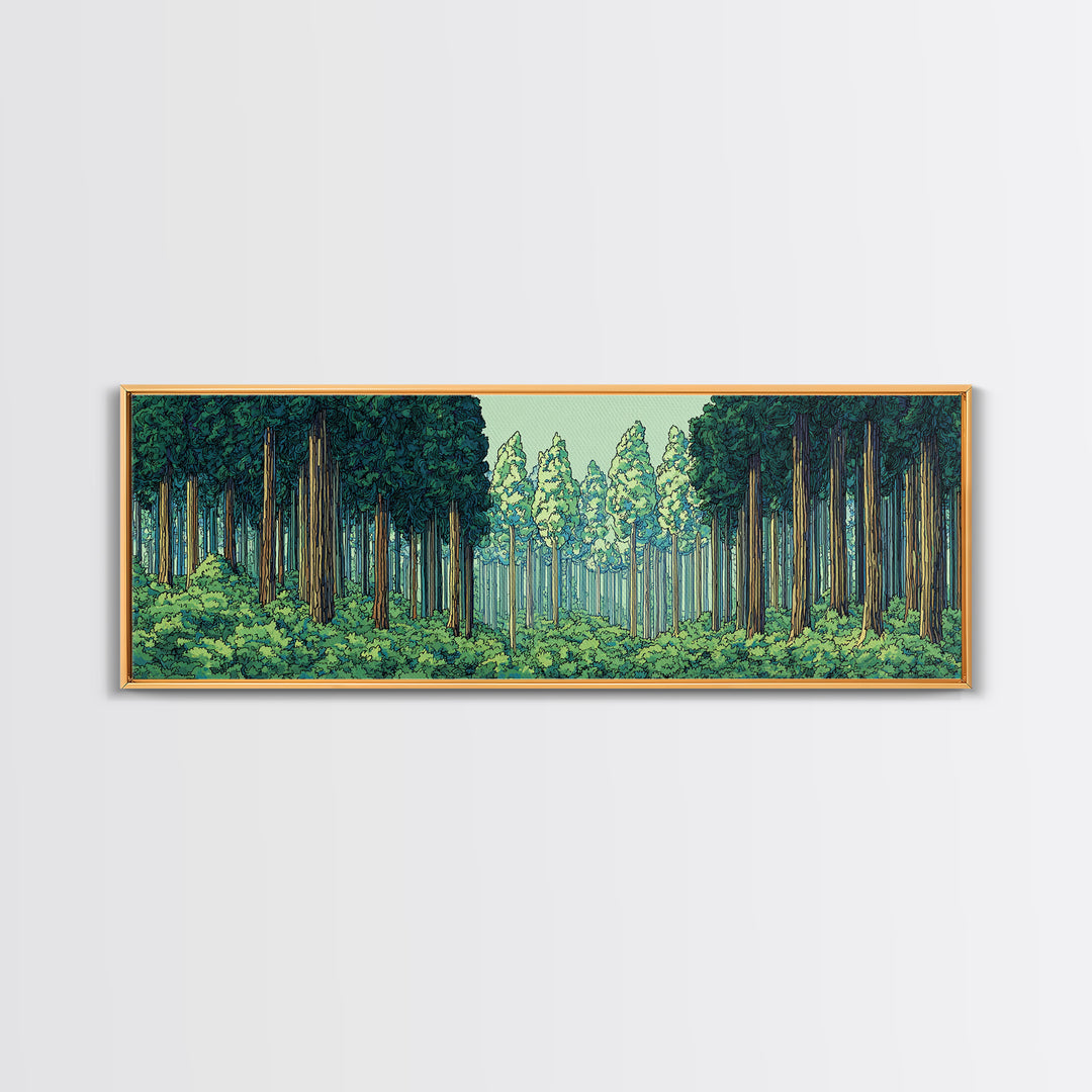 Emerald Forest Path With Tall Pines Framed Canvas Print, Nature Wall Art, Modern Home Decor, Green Scenic Woodland Poster