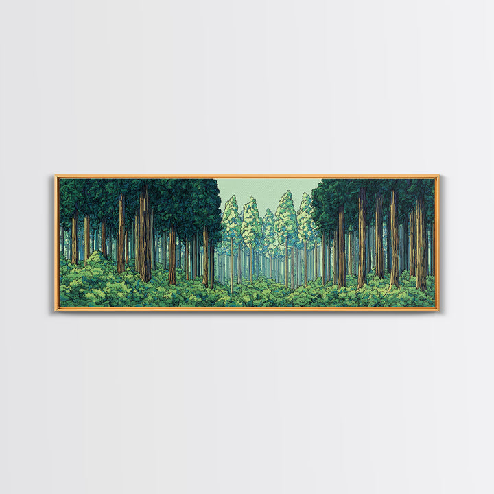 Emerald Forest Path With Tall Pines Framed Canvas Print, Nature Wall Art, Modern Home Decor, Green Scenic Woodland Poster