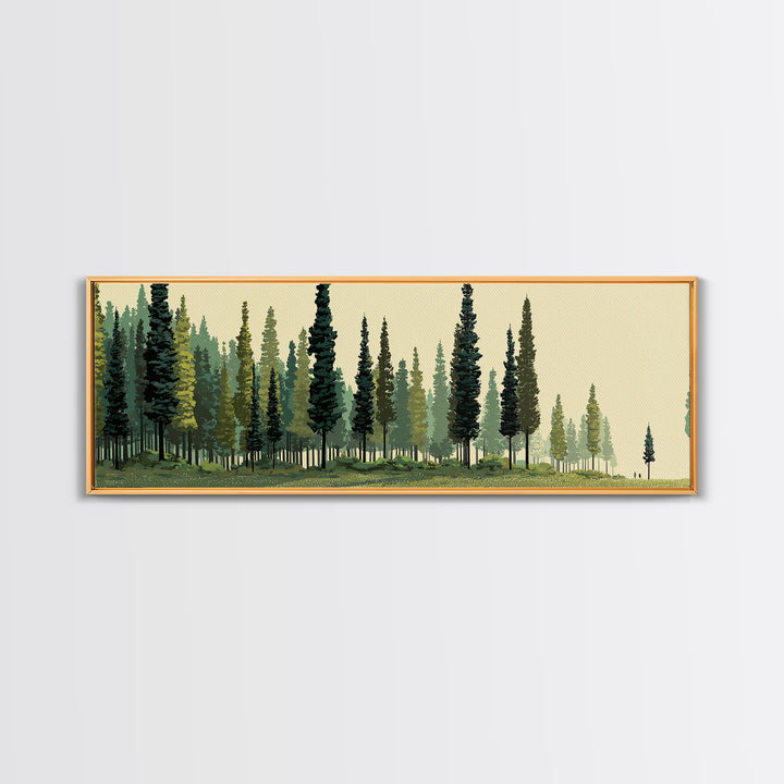 Misty Evergreen Forest Panorama Wall Art, Midcentury Modern Landscape Print, Nature Wall Decor, Large Canvas Cabin Artwork