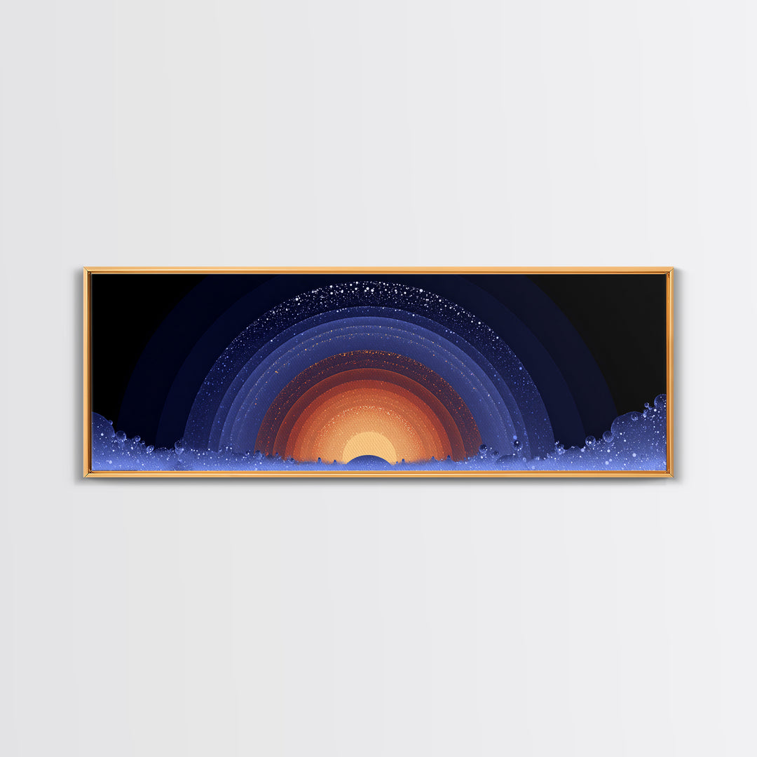 Starry Cosmic Sunrise Arc Wall Art, Midcentury Modern Space Abstract Print, Orange Blue Galaxy Decor, Retro Canvas Poster
