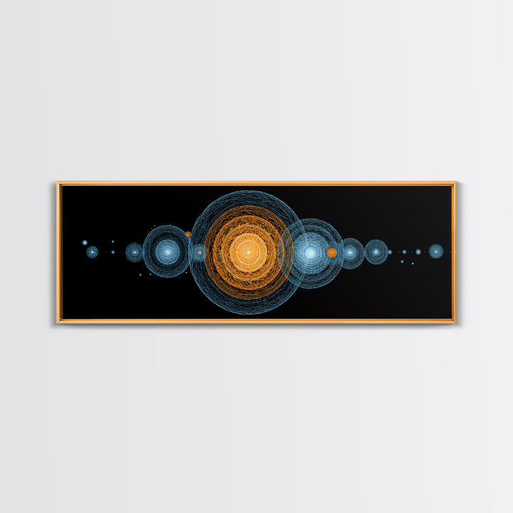 Planetary Orbit Circle Canvas Print, Midcentury Modern Space Wall Art, Blue Orange Geometric Decor, Atomic Abstract Poster