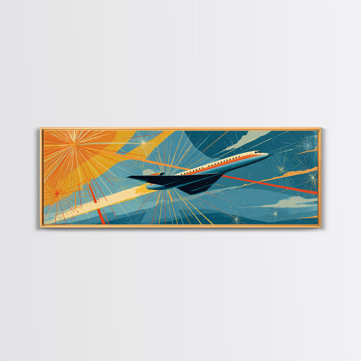Jetliner Over Geometric Sunburst Canvas Print, Midcentury Modern Wall Decor, Retro Travel Poster, Atomic Aviation Art Gift