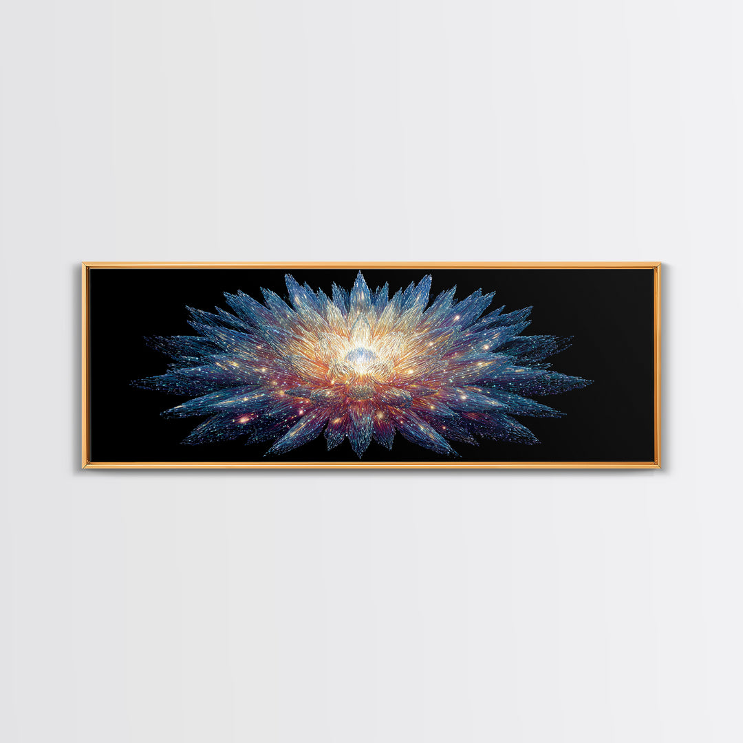 Glowing Cosmic Crystal Bloom Wall Art, Modern Abstract Art Print, Space Abstract Art, Blue Black Living Room Wall Decor Prints