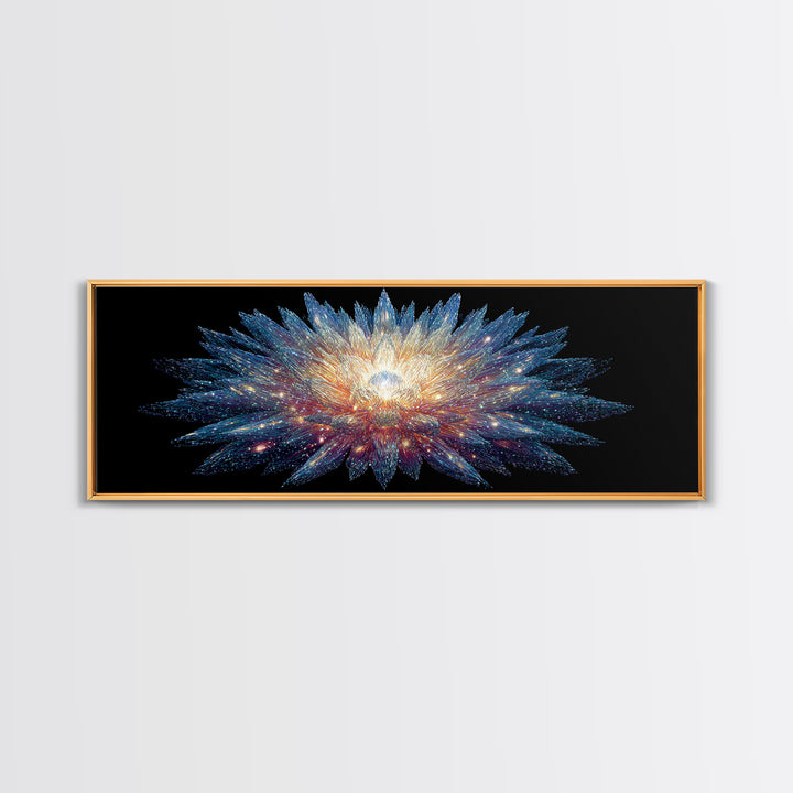 Glowing Cosmic Crystal Bloom Wall Art, Modern Abstract Art Print, Space Abstract Art, Blue Black Living Room Wall Decor Prints
