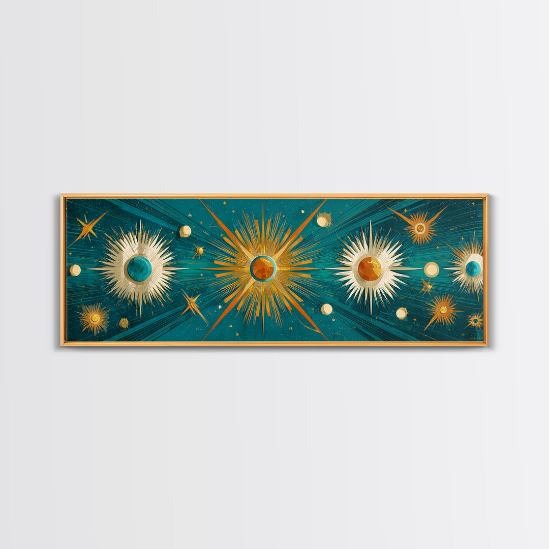 Teal Gold Celestial Sunburst Planets Wall Art, Modern Abstract Art Print, Art Deco Poster, Geometric Wall Decor, MCM Home Decor
