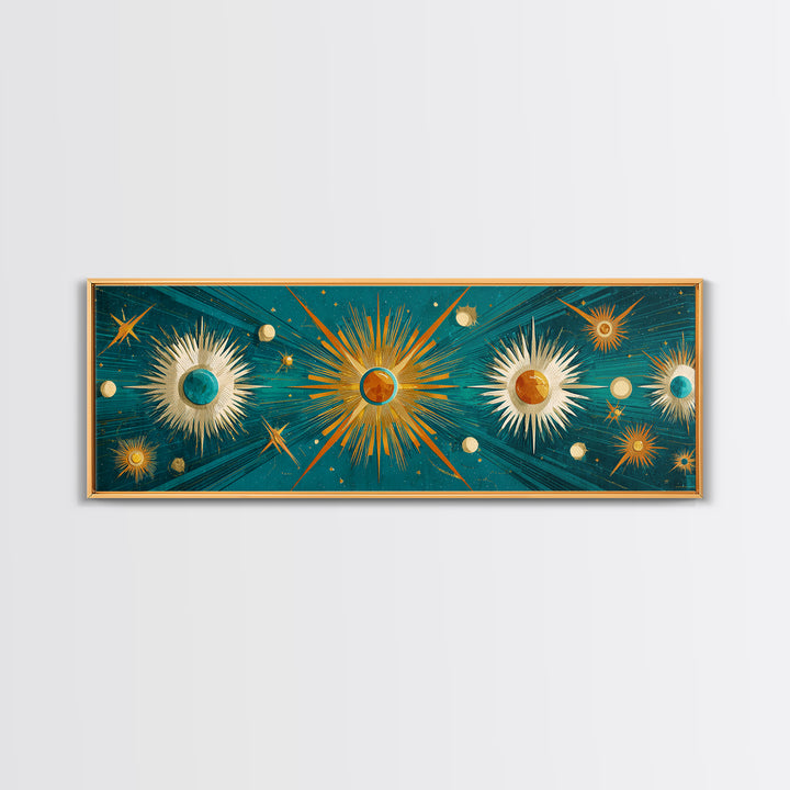 Teal Gold Celestial Sunburst Planets Wall Art, Modern Abstract Art Print, Art Deco Poster, Geometric Wall Decor, MCM Home Decor