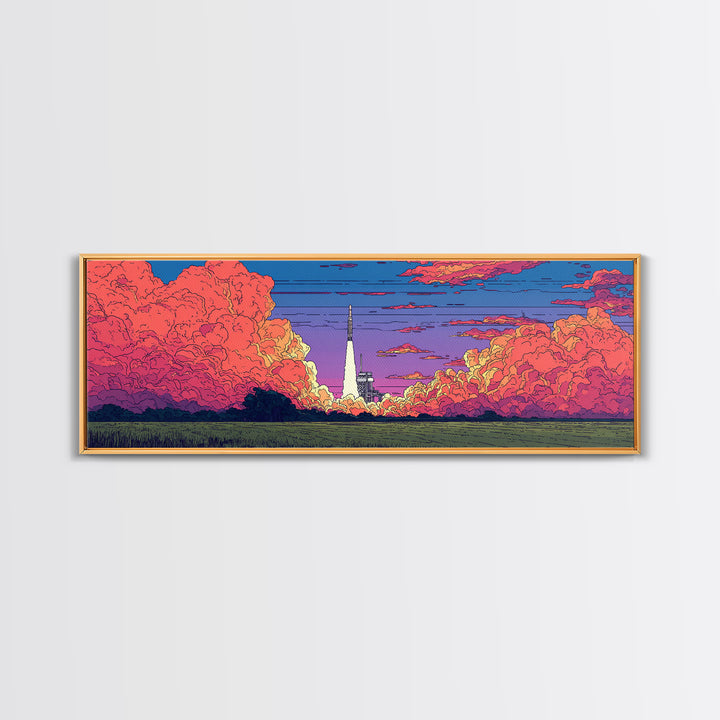 Pink Cloud Rocket Launch At Sunset Wall Art, Midcentury Modern Space Poster, Retro Sci Fi Landscape, Colorful MCM Decor Print