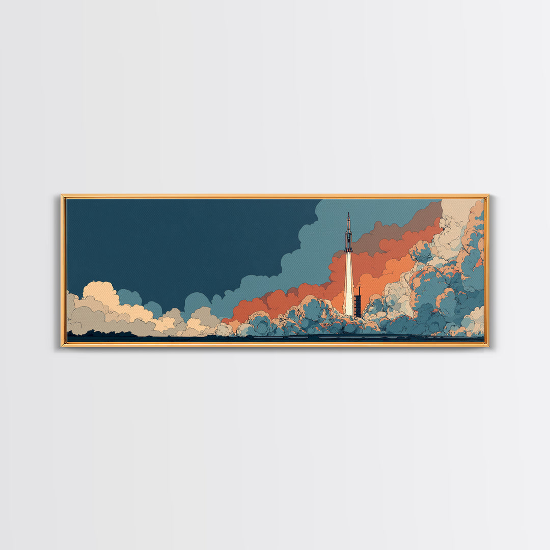Teal Orange Rocket Rising Through Clouds Canvas Print, Midcentury Modern Space Poster, Atomic Sci Fi Decor, Retro Wall Art