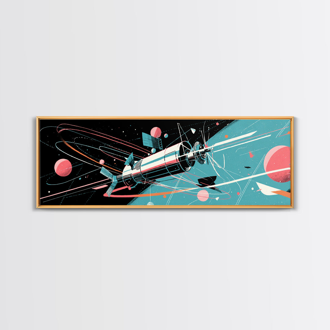 Retro Satellite With Pink Planets Wall Art, Midcentury Modern Space Poster, Atomic Sci Fi Decor, MCM Futuristic Print Gift