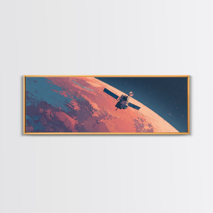 Peach Planet Orbit Satellite Canvas Print, Retro Sci Fi Space Wall Art, Midcentury Modern Poster, Office Decor Gift For Him