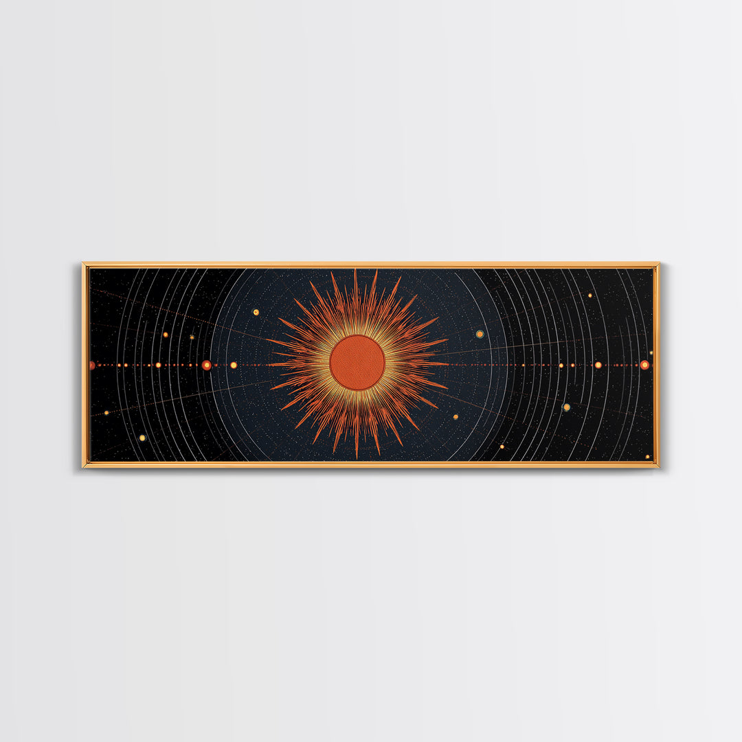 Celestial Orange Sun Orbit Diagram Wall Art, Atomic Midcentury Modern Art Poster, Geometric Space Print, Office Decor Gift