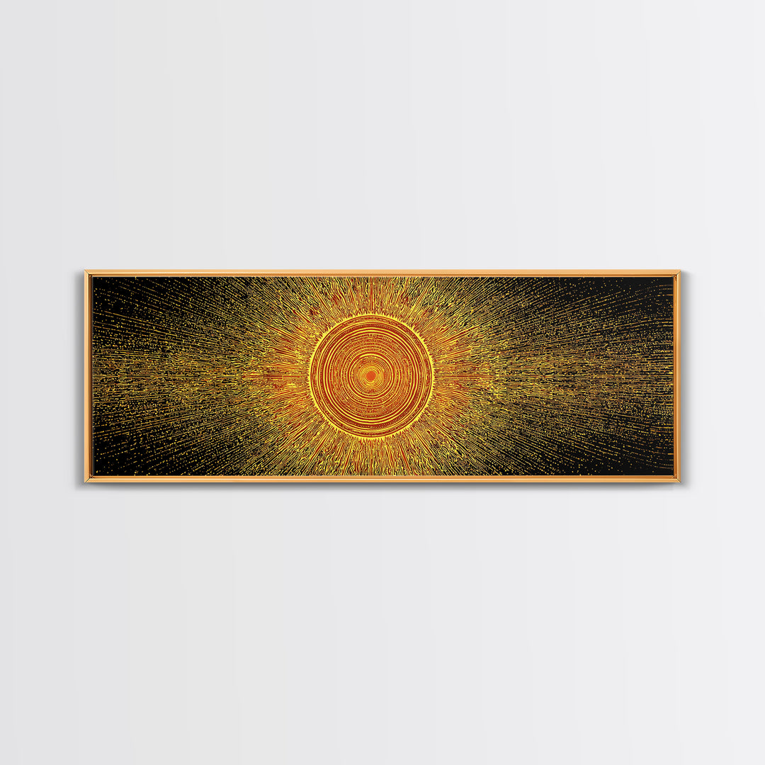 Golden Radiant Mandala Sun Canvas Print, Abstract Space Wall Art, Midcentury Modern Decor, Spiritual Geometric Poster Gift