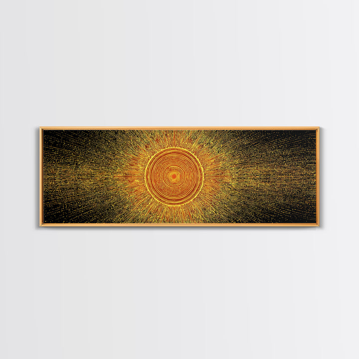 Golden Radiant Mandala Sun Canvas Print, Abstract Space Wall Art, Midcentury Modern Decor, Spiritual Geometric Poster Gift