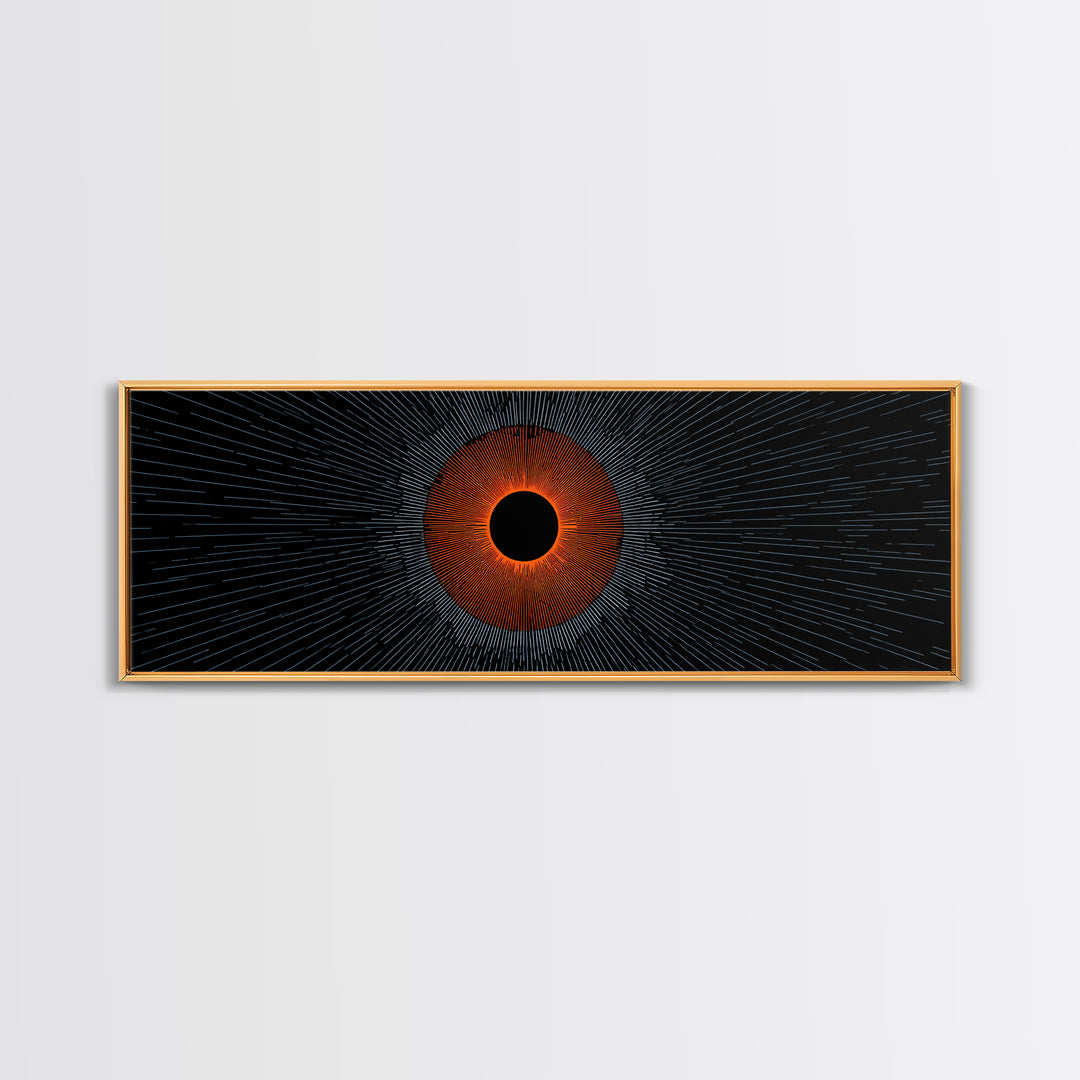 Orange Eclipse With Blue Radial Lines Wall Art, Abstract Sci Fi Space Poster, Midcentury Modern Decor, Geometric Print Gift