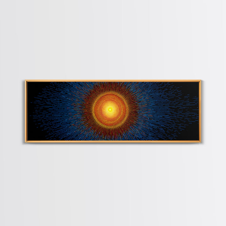 Blue And Orange Radiant Solar Burst Canvas Print, Abstract Space Wall Art, Midcentury Modern Poster, Bold Geometric Decor