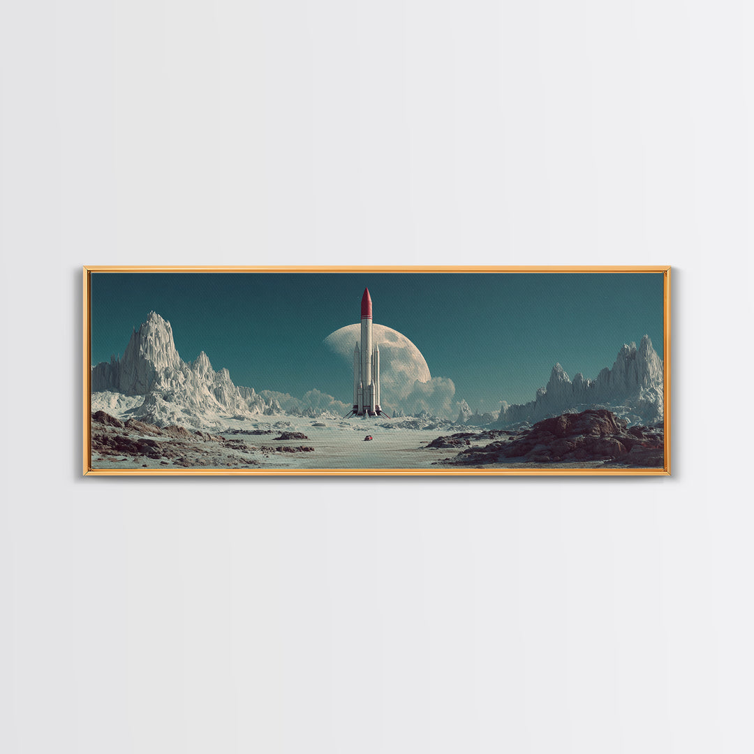 Rocket On Lunar Plain With Giant Moon Framed Canvas Print, Retro Sci Fi Wall Art, Midcentury Modern Space Poster Decor Gift