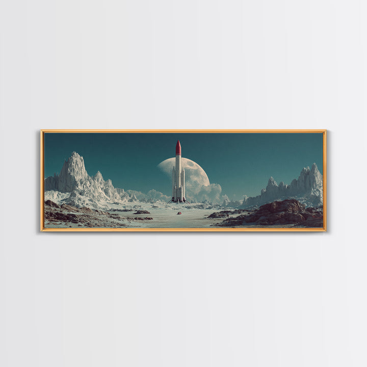 Rocket On Lunar Plain With Giant Moon Framed Canvas Print, Retro Sci Fi Wall Art, Midcentury Modern Space Poster Decor Gift