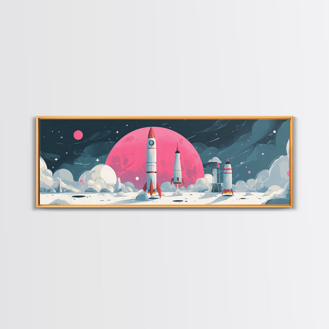 Pink Moon Rocket Base Wall Art, Retro Sci Fi Space Poster, Midcentury Modern Art Print, Lunar Nursery Decor, MCM Wall Decor